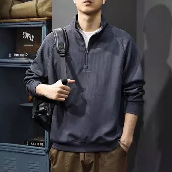 Осенний плотный полированный полосатый вязаный свитер, мужская свободная рубашка-поло большого размера в американском стиле с вышитым воротником-стойкой M серый