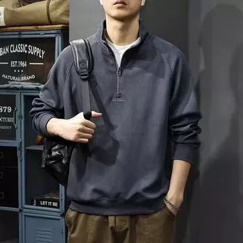 Осенний плотный полированный полосатый вязаный свитер, мужская свободная рубашка-поло большого размера в американском стиле с вышитым воротником-стойкой M чёрный