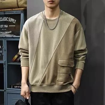 Осенний плотный шенилловый свитер, подходящий по цвету, мужской американский повседневный пуловер с карманами, свободная куртка с круглым вырезом и длинными рукавами M чёрный