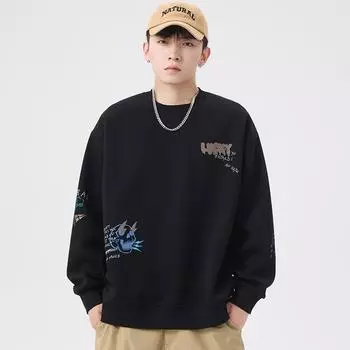 Осенний плотный свитер 340G, мужской, модный, с фирменным принтом букв, с длинными рукавами, свободный, с круглым вырезом, на весну и осень S абрикосовый