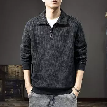 Осенний плотный свитер с воротником-поло с принтом тай-дай, мужской, американский, модный бренд, свободная фактура, полумолния, лацкан M чёрный