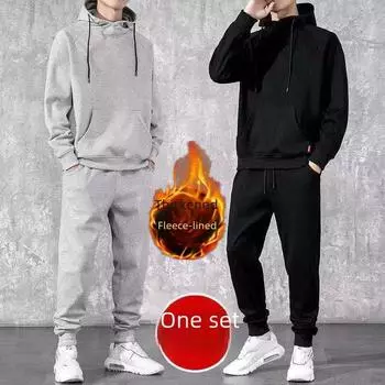 Осенний плюс бархатный утолщенный свитер с капюшоном и длинными рукавами, повседневные брюки, мужской костюм XXXXXL чёрный