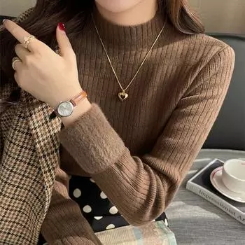 Осенний плюшевый бархатный пуловер, женский свитер с длинным рукавом, облегающий зимний пуловер, женский свитер с полувысоким воротником, мягкий теплый вязаный свитер 25930 One Size белый