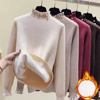 Осенний плюшевый вязаный свитер с высоким воротником и оборками для женщин, зимние утолщенные бархатные пуловеры, свитера для женщин, элегантные однотонные теплые джемперы 25868 One Size чёрный