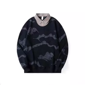 Осенний поддельный свитер из двух частей, мужской, американский модный бренд, свободный, большого размера, с длинными рукавами, тяжелый черный топ, мужская одежда M чёрный