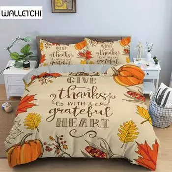 Осенний пододеяльник на День благодарения King Queen Cartoon Orange Pumpkin Turkey Комплект постельного белья Кленовые листья Мягкий полиэстеровый пододеяльник EU single(135x200cm)