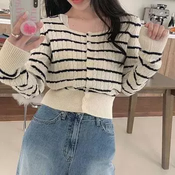 Осенний полосатый ароматный вязаный свитер с квадратным вырезом, кардиган, короткая женская талия, контрастный цвет, свитер из жареного теста, женский кардиган One Size темно-синий