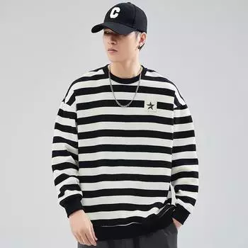 Осенний полосатый свитер с круглым вырезом, мужской, свободный, большого размера, с длинным рукавом, повседневный, корейский, молодежный, модный бренд M хаки