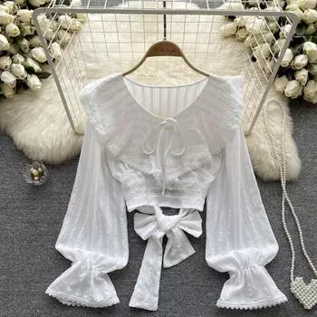 Осенний пояс с v-образным вырезом и рюшами, короткий сказочный топ с длинными рукавами в корейском стиле Pure Desire