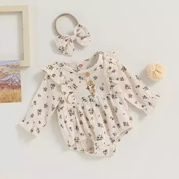 Осенний повседневный комбинезон для девочек с длинными рукавами и круглым вырезом, с цветочным принтом, одежда для принцессы с повязкой на голову 0-3 Months абрикосовый
