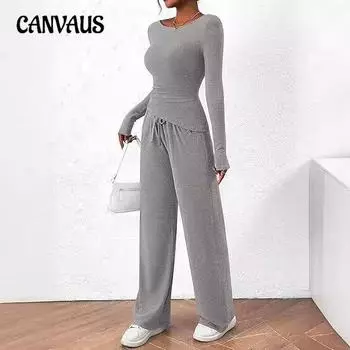 Осенний повседневный костюм больших размеров, асимметричная блузка с длинным рукавом, широкие брюки, повседневная спортивная одежда XS чёрный