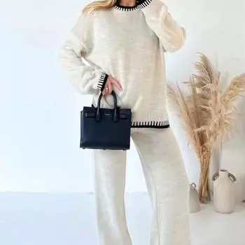 Осенний повседневный полосатый вязаный комплект женский элегантный разрезной пуловер свитер эластичные прямые брюки с высокой талией женский наряд S армия зеленый