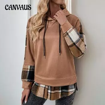 Осенний повседневный пуловер с капюшоном, клетчатая толстовка с капюшоном, толстовка с длинными рукавами S коричневый/кофейный