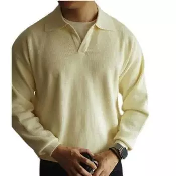 Осенний повседневный свитер, мужские трикотажные рубашки поло с длинным рукавом и отложным воротником, джемперы, топы для мужчин, винтажный трикотаж, однотонные топы S чёрный