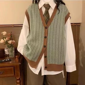 Осенний повседневный свитер в стиле ретро, женский жилет с v-образным вырезом, классическая вязаная верхняя одежда без рукавов с аргайлом, женская S