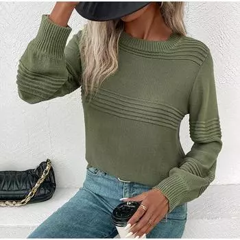 Осенний повседневный топ, разноцветный, с круглым вырезом, длинным рукавом, жаккардовый однотонный женский свитер S армия зеленый