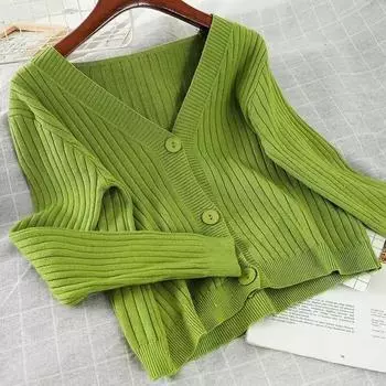 Осенний повседневный вязаный кардиган с v-образным вырезом, женский зимний модный укороченный свитер, куртка с длинным рукавом, повседневные кардиганы, топы 29761 One Size абрикосовый
