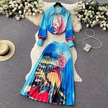 Осенний праздник, синий градиент цвета, цветочный принт, комплект из двух предметов, женская рубашка с длинными рукавами, топ + плиссированная юбка до середины икры, костюмы M синий