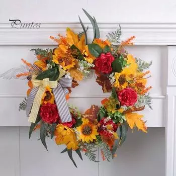 Осенний Праздник Урожая Венок Украшение Искусственные Кленовые Листья Подсолнечник Венок Орнамент Пластиковая Входная Дверь Свадебная Вечеринка Цветочный Венок Рождественский 1pc