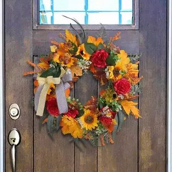 Осенний Праздник Урожая Венок Украшение Искусственные Кленовые Листья Подсолнечник Венок Орнамент Пластиковая Входная Дверь Свадебная Вечеринка Цветочный Венок Рождественский 1pc