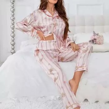 Осенний прекрасный мультяшный принт с длинным рукавом из двух частей пижамный комплект женский кардиган домашняя одежда нарядное нижнее белье ночное белье женская одежда для сна M