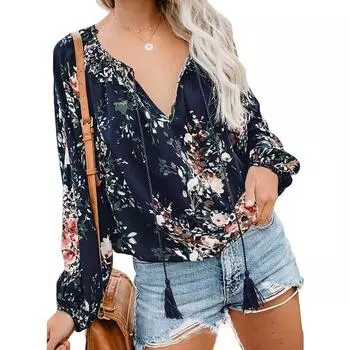 Осенний принт с большим V-образным вырезом и длинными рукавами, свободная рубашка на шнурке для женщин S чёрный