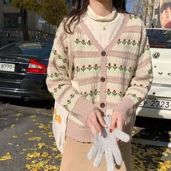 Осенний принт с цветочным принтом, длинным рукавом, V-образным вырезом, вязаный кардиган, пальто, женская мода, приталенный элегантный винтажный свитер, женская зимняя элегантная трикотажная куртка 24949 One Size чёрный