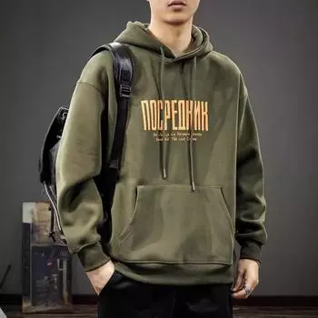 Осенний принтованный свитер с капюшоном, мужская американская грубиянская красивая свободная тяжелая куртка с длинным рукавом, модный топ M тёмно-синий