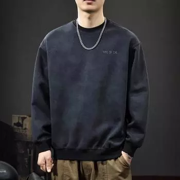 Осенний простой трендовый стираный свитер, мужской свободный большой размер, круглый вырез, нижняя рубашка, американский тяжелый повседневный топ S хаки