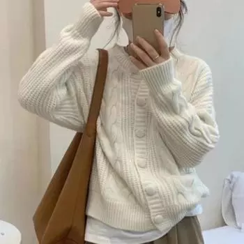 Осенний простой вязаный кардиган с длинным рукавом, пальто для женщин, зимняя одежда, модный свободный женский свитер, куртка на пуговицах с круглым вырезом, теплые свитера, новый 24940 One Size белый