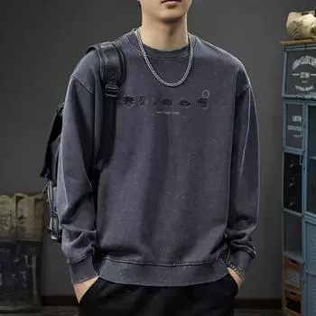 Осенний простой вышитый свитер, мужской, американский ретро-стираемый, с длинными рукавами, свободная рубашка с круглым вырезом M