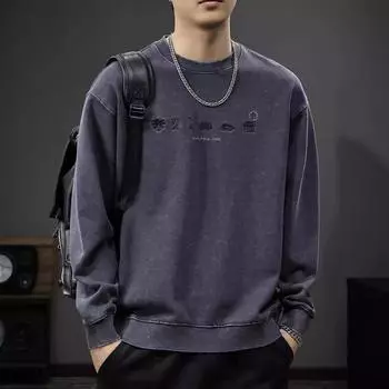 Осенний простой вышитый свитер, мужской, американский ретро-стираемый, с длинными рукавами, свободная рубашка с круглым вырезом M