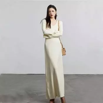 Осенний пуловер, однотонное трикотажное платье с V-образным вырезом и полосками для женщин на осень и зиму, удлиненная юбка на талии и бедрах one size белый