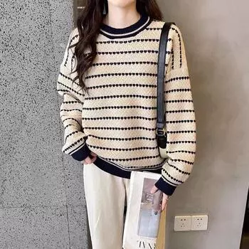 Осенний пуловер с круглым вырезом, полосатый вязаный свитер, женский осенний вязаный низ, супер красивый свитер, пуловер