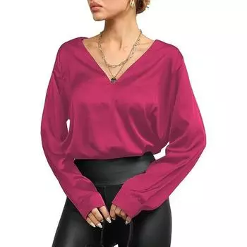 Осенний пуловер с v-образным вырезом, атласные рубашки, женские элегантные повседневные свободные шелковые блузки, модные однотонные женские топы с длинными рукавами Blusas 29565 S темно-синий