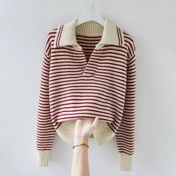 Осенний пуловер в академическом стиле, вязаный свитер с воротником поло, женский 2023, корейская версия, новый свободный универсальный пуловер в полоску Swwater One Size чёрный