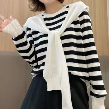 Осенний пуловер в полоску с длинным рукавом и круглым вырезом, вязаный универсальный тонкий женский однотонный пуловер с шалью, женский свитер