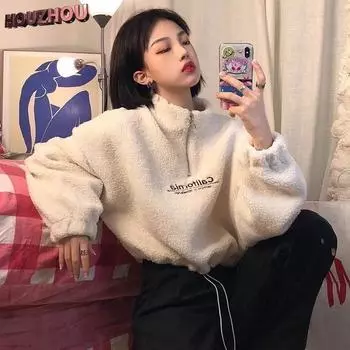 Осенний пуловер, зимний новый женский трендовый бархатный утепленный свободный корейский топ на молнии, повседневный уличный пуловер с длинными рукавами M чёрный