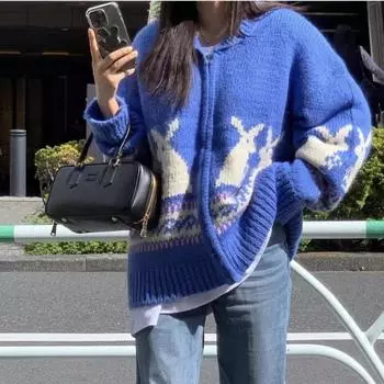 Осенний японский милый вязаный свитер с лацканами для женщин, модный принт, длинный рукав, тонкий кардиган, женский новый дизайн, ретро-молния, шикарное пальто one size серый