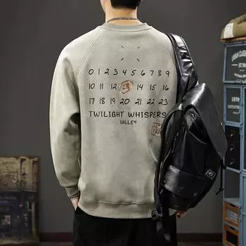 Осенний японский принтованный свитер с круглым вырезом, мужской повседневный свитер с длинным рукавом и тяжелой вышивкой, прилив S чёрный