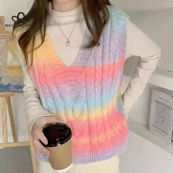 Осенний Радужный вязаный укороченный жилет, женский свитер, сладкий кавайный свитер, топы, женский корейский дизайнерский повседневный вязаный жилет с v-образным вырезом 2021 S