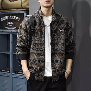 Осенний ретро этнический стиль кардиган стоячий свитер мужской свободный модный бренд тяжелый жаккардовый шерстяной трикотажный повседневный пальто M красный