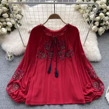 Осенний ретро-этнический ветер с тяжелой вышивкой и круглым вырезом, галстук «Ленивый ветер», свободные французские шикарные топы