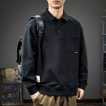 Осенний ретро мужской свитер с лацканами, американская повседневная модная брендовая рубашка поло с длинными рукавами, тяжелая свободная рубашка поло большого размера M чёрный