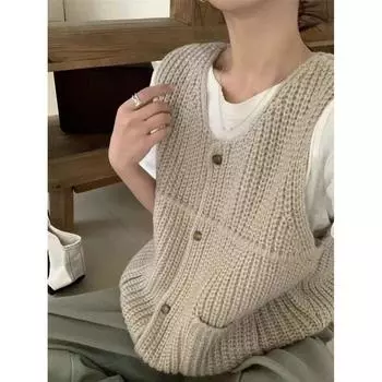 Осенний ретро однотонный вязаный свитер жилет пальто женский зимний модный безрукавный повседневный кардиган свитера женские элегантные офисные женские трикотажные жилеты 24820 One Size темно-серого
