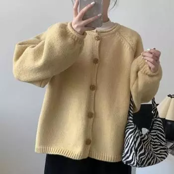 Осенний ретро простой вязаный кардиган на пуговицах свитер женский свободный повседневный кардиган куртка для зимы модный однотонный круглый вырез трикотаж пальто 24811 One Size белый