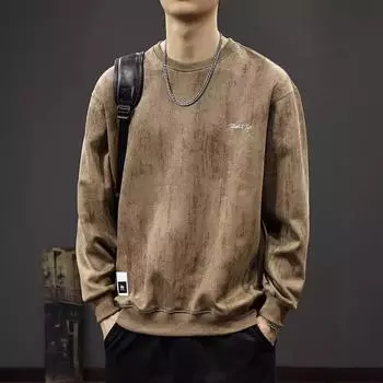 Осенний ретро старый вышитый свитер мужская американская тяжелая замшевая куртка свободная круглая горловина длинный рукав нижняя рубашка Tide M темно-серого
