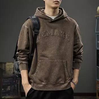 Осенний ретро-свитер с капюшоном и заплатками, мужская тяжелая свободная верхняя часть, американская модная повседневная куртка M легкие хаки