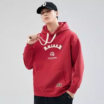 Осенний ретро тяжелый однотонный свитер с капюшоном мужской свободный большой размер трендовый повседневный красный топ с длинными рукавами прилив M красный