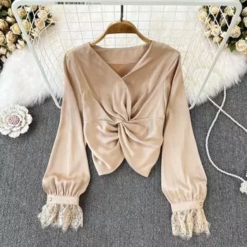 Осенний роскошный укороченный топ с длинными рукавами и v-образным вырезом во французском стиле ретро, с длинными рукавами и высокой талией